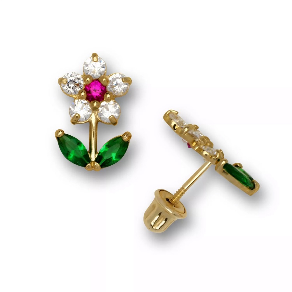 14k Solid Gold CZ Flowers 🌺 Earrings for Girls